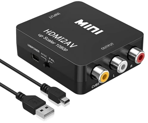 VGE HDMI till RCA-omvandlare, 1080P HDMI till AV-komposit videoljudsadapter med 3RCA-utgång, PAL/NTSC manuell strömbrytare, kompatibel med PS2/PS3/Xbox/Blu-ray/DVD-spelare till TV-projektor monitor