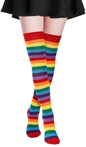 Alaoo Ringelstrümpfe, 1 Paar Kniestrümpfe, Klassische Ringelsocken für Erwachsene & Kinder, Overknee Strümpfe für Party Stützen Kostüm Halloween (Regenbogen)