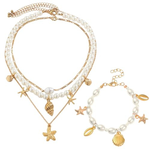 DUINIU 3 skal sjöstjärna halsband, 1 pärlarmband, flera lager pärlhalsband, imitation pärla halsband, retro oceanisk stil smycken, strand halsband smycken.
