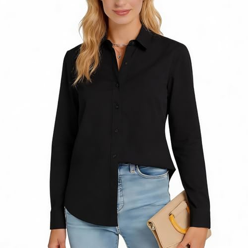 BOYSSPAA Womens Long Sleeve Blouse Classic Button Down Shirt for Daily Office Wear V-Neck Loose Tops for Ladie (UK, Alpha, XL, Regular, Regular, Black)