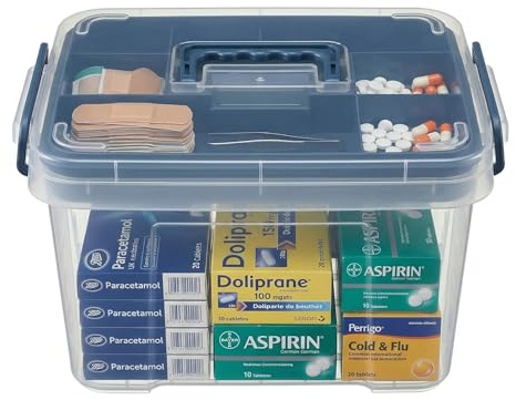 Pulseplay Clear Medicine Organizer Box with Handle Medicine Cabinet Organizer with Removable Tray First Aid Box Empty for Home Travel Outdoor (Blue)