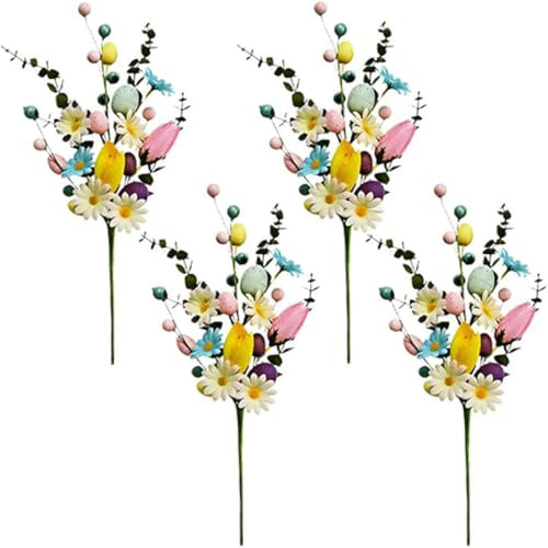 Zyntora Stecchini Floreali Pasquali 4 Pezzi - Rami Per Albero Di Pasqua Con Uova Colorate E Fiori Finti | Decorazioni Primaverili Per Interni | Accessorio Per Composizioni Floreali Da Tavolo