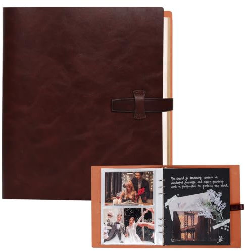 RECUTMS Leather Photo Album 4x6 200 Photos for Travel & Baby Memory Gifts | Brown Vintage Leather Cover, Refillable Photo Scrapbook with 30 Writing Pages, for Family, Wedding, Kids, Graduation
