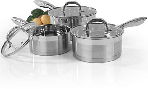 Salter Timeless 3 Piece Saucepan Set - 16cm, 18cm, 20cm Stainless Steel Pans, Includes Tempered Glass Lids with Steam Vents, Induction Hob Cooking Pans, Dishwasher Safe, Scratch Resistant Finish