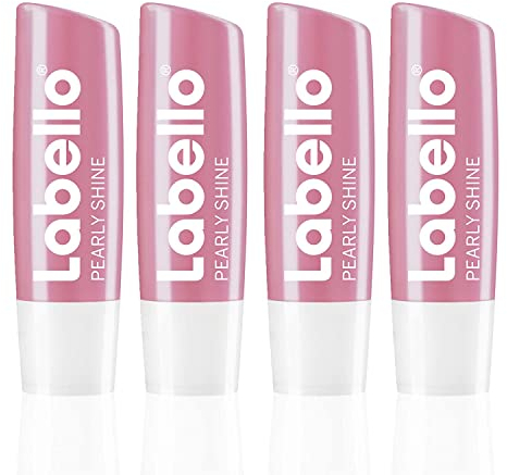 Labello Pearly Shine im 4er Pack (4 x 4,8 g), Lippenpflegestift mit zart schimmerndem Finish, intensive Lippenpflege ohne Mineralöle