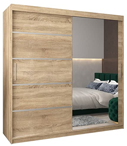 MEBLE KRYSPOL Kleiderschrank mit Spiegel Verona 2 - Garderobenschrank - Schrank Schlafzimmer - Mehrzweckschrank Zwei Schiebetüren - Regalen - Flur Möbel - Kleiderstange Schrank - Allzweckschrank