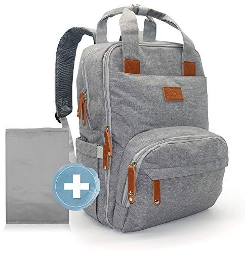 Emadele Wickelrucksack grau große Kapazität Wickeltasche groß mit Wickelunterlage als Reiserucksack & Kliniktasche geeignet. Wasserdicht und Öko Tex Haken Halterung Kinderwagen inkl. Zubehör