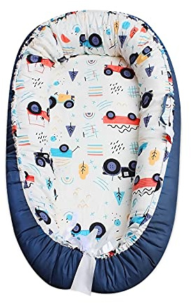 SONARIN Babynest babynestchen 100% Baumwolle,multifunktionales Kuschelnest für Babys,hypoallergen, mit Kissen, tragbar,Nestchen Reisebett für Babys und Säuglinge(Blau-Auto)