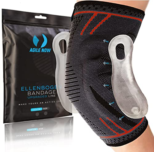 AGILE NOW® Ellenbogenbandage Upgraded stabilisiert & schützt die Gelenke, rutschfeste Tennisarm Bandage mit Curved-Gel-Pads, geeignet für alle Sportarten wie Tennis, Gewichtheben & Golf (XL | Rot)