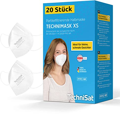 TechniSat TECHNIMASK XS - 20x FFP2 Maske für kleine, schmale Gesichter (5-lagige Einweg-Maske aus hochwertigem Vlies, hautfreundlich, Gesichtsmasken Made in Germany)
