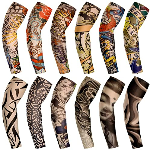 BBTO Set de Mangas de Tatuaje de 12 Piezas Mangas de Brazo de Protección Solar Falsas Guantes de Brazo de Flor de Elasticidad Suave para Ciclismo (Patrón de Colores)