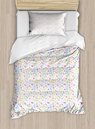 Ambesonne 1990s Duvet Cover Sets, Cartoon Doodle Pattern with Pastel Retro Elements Cassette Cake Diamond Girly Theme, Bedding Set with 2 Duvet Covers & 4 Pillowcases, 2 Pack Queen Size, Multicolor