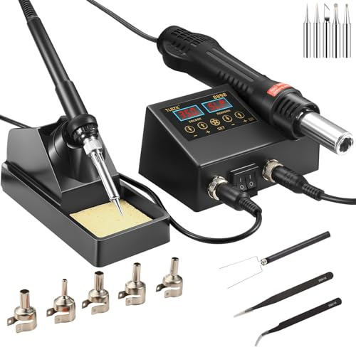 TLBZK Rework Soldering Station, 2 in 1 SMD Hot Air Solder Station and Soldering Iron Kit Heat Gun with Soldering Tips, Hot Air Nozzles, Tweezers