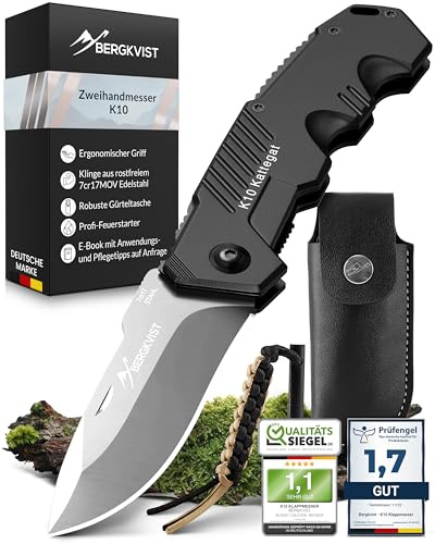 BERGKVIST® K10 Coltello pieghevole (coltellino a due mani) - coltello da tasca per la sopravvivenza, la caccia e il campeggio con acciaio da fuoco e custodia da cintura - acciaio lucido
