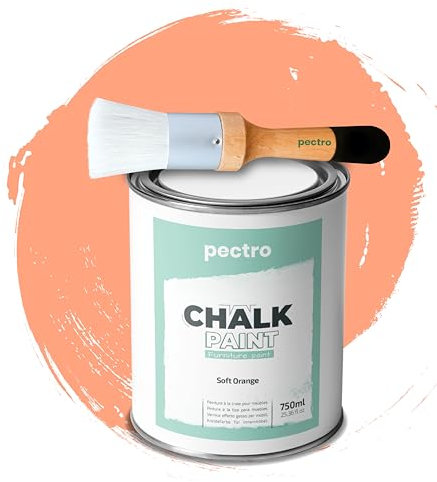 PECTRO Chalk Paint Vernice a Gesso 750ml + Pennello Tondo in Legno Pack - Pittura per Mobili Senza Carteggiare - Chalk Paint Bianco e Colori per legno Efetto Polvere (Arancia Morbida)