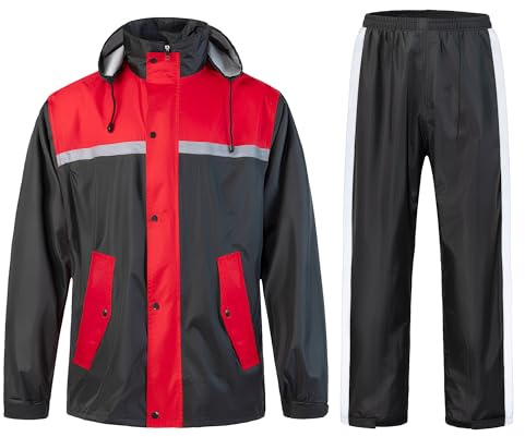 KTWOLEN Traje de Lluvia Reflectante Impermeable Traje de Agua para Hombre Completo Conjunto de Chaqueta y Pantalón de Lluvia Ropa de lluvia de Alta Visibilidad, Rosso, L