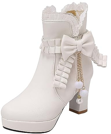 Stivaletti vintage sopra il ginocchio Stivali in pelle da donna 2023 /Inverno coreano Stivali corti da donna in pizzo arco nappa perline stivaletti scarpe da giardino, bianco, 38 EU