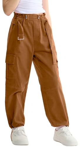 Rolanko Niñas Pantalones de Carga con Cinturón Ajustable Elástico de Cintura Alta Corduory Joggers Niños Hip Hop Danza Pantalones, Kaki, Talla: 11-12 Años/160