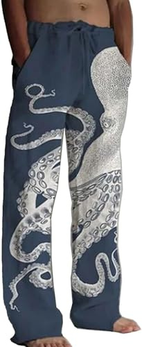 YongXinMY Pantalon de détente imprimé de style japonais pour homme - Graphique pieuvre jambe droite cordon de serrage taille élastique pantalon décontracté art Sashiko traditionnel pantalon en mélange