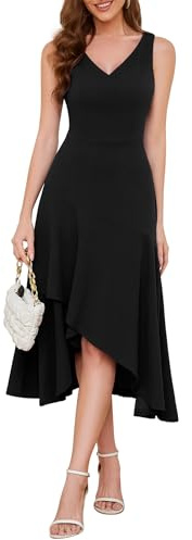 Aupuls Midi V Neck Cocktail Dresses for Women High Low Ruffle Wedding Guest Dress with Sleeveless AUPG007N Black L