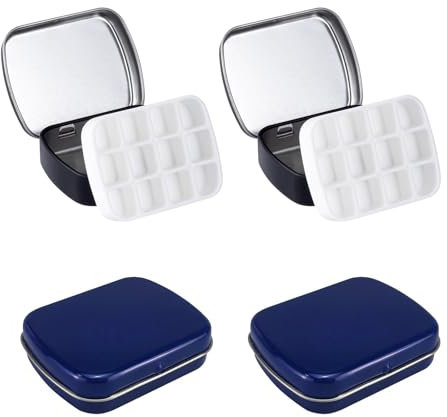 YFaith Aquarell Leerkasten 12, 4 Stück Weißblech Mini Aquarellkasten Leer, 60 x 48 x 15 mm Wassermalkasten, 12 Gitter Aquarell Leerkasten Mini Tuschkasten, für Schule und Outdoor