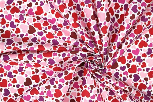 Pyrhan Printed Polycotton Fabric – 45 Wide Sewing Material by The Metre – Quilting, Dressmaking, Craft & Home Décor – Christmas, Animal, Stripes, Music & More (Multi Hearts Print)