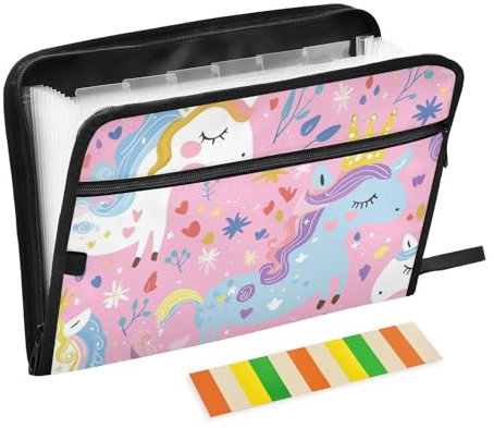 Aktenordner mit niedlichen Einhörnern, Regenbogenfarben, 13 Fächer, A4, Briefgröße mit Reißverschluss, für Kunststoff-Aktenordner