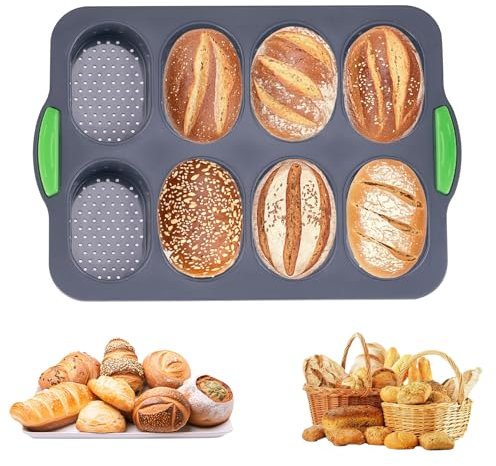 Tiusixsy Brötchen Backform, 8 Brötche Backform Brötchen aus Silikon, Antihaft Baguette Backblech Brötchenbackform, Silikonform Brotbackform für Baguette Brot