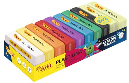 Jovi - Glow in The Dark, Non Drying Modeling Clay, Endlessly Reusable Plasticine, Set of 10 Bars (8 Basic Color + 2 Glow in The Dark), Each 1.75oz, for Arts and Crafts Projects