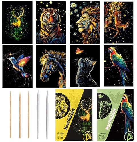 Georgie Porgy Kratzbilder Set DIY Bastelsets für Kinder Erwachsene Magic Rainbow Kratzpapier für Weihnachten Geburtstagsgeschenk mit Kratzwerkzeuge Kit (A5-Nachtleuchtend Elfentier+Waldtiere)