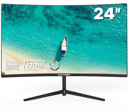 Raywego 24 inch Curved Monitor 120Hz 1ms, Computer Gaming Monitor FHD 1920×1080P,3000:1 Contrast Ratio, with FreeSync & Eye-Care Technology, HDMI×1,VGA×1 for Gaming Home Office,Wall Mount Install