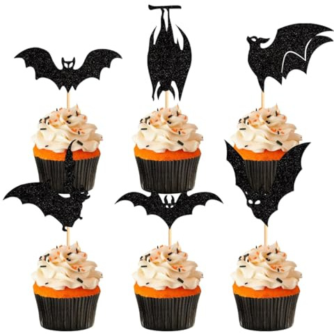 LONZIKP 12 piezas adornos para cupcakes con diseño de murciélago, murciélagos para Halloween, decoración para pasteles de Batman y fiestas de cumpleaños, decoración de tartas (color negro)