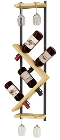 Yorbay Portabottiglie da Parete in Legno con Portabicchieri: Portabottiglie Vino con Struttura in Metallo per 4 Bottiglie e 4 Bicchieri - Porta Vino Sottile per Soggiorno Bar Cucina