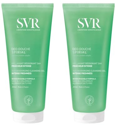 Spirial Déo-Douche - 24H deodorant Lavant Gel - ansikte, kropp, hår och intim hygien - känslig hud - utan tvål och aluminiumsalter - biologiskt nedbrytbar formula - tillverkad i Frankrike - set med 2