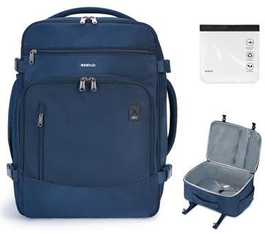 ECOHUB Zaino EasyJet 45x36x20, Zaino da Viaggio come Bagaglio a Mano Aereo | Cerniera SBS, Apertura a 180°, Scomparto per Laptop, Resistente all'acqua, Riciclato, Unisex, per Lavoro, Trekking, Blu
