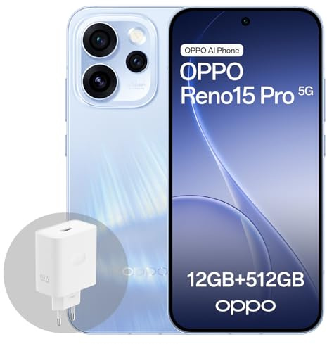 OPPO Reno15 Pro 5G Smartphone Android, 12+512GB, Pantalla AMOLED 6.32 120Hz, Cámara Ultra Clara 200MP, Video 4K HDR, Batería 6200mAh, MediaTek Dimensity 8450, con Cargador 80W SUPERVOOC, Aurora Blue