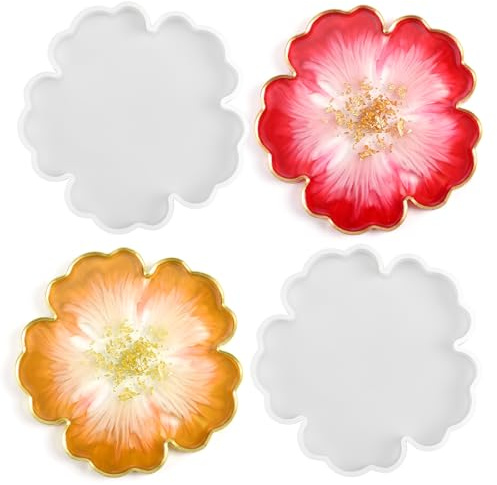 4 Pcs Silicone Resin Mold, Flower Silicone Moulds for Resin, Reusable Epoxy Resins Cosater Moulds for Casting, DIY Crafts, Home Decorations