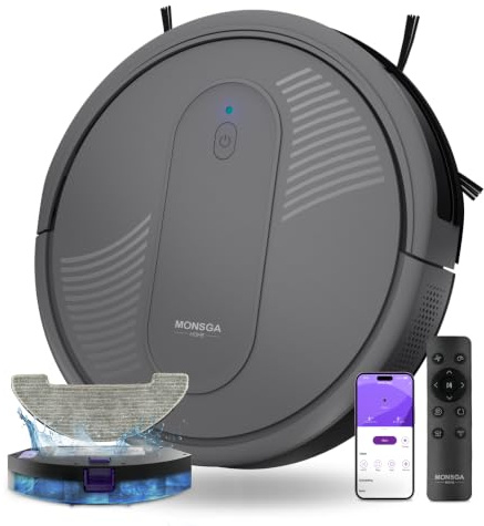 MONSGA Robot Aspirador,Robot Aspirador y Fregasuelos 4000Pa Presión de Succión, Autonomía 140 Minutos, Sensores Anticaídas y Cepillo Multifunción, TotalSurface, App Control (Gris Oscuro)