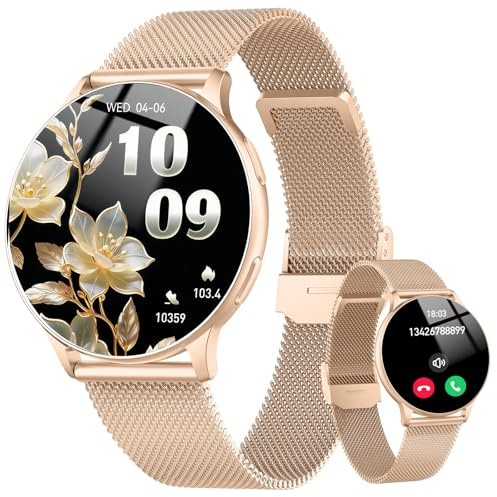 Smartwatch Damen Rund mit Telefonfunktion, 1.32 AMOLED Smart Watch Gold