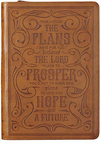 Classic Faux Leather Journal For I Know The Plans Jeremiah 29:11 Bible Verse Bible Verse Brown Inspirational Notebook, Lined Pages w/Scripture, Ribbon Marker, Zipper Closure