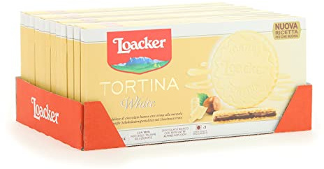 Loacker, Tortina Gran Pasticceria White, Cialde Wafer Ricoperte di Cioccolato Bianco e Ripiene di Crema alle Nocciole, Merenda e Snack, Formato Convenienza, 12 Confezioni di Biscotti Monoporzione