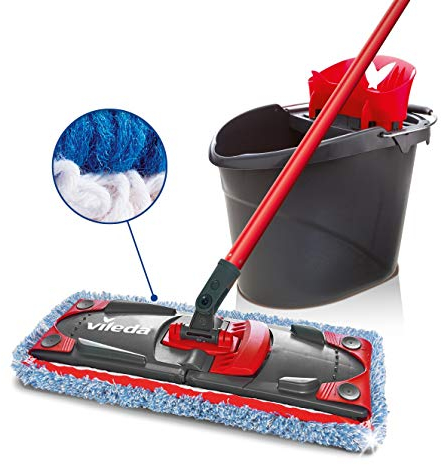 Vileda Ultramax Micro/Coton Spécial Carrelage Kit complet, ensemble de balais à plat avec seau essoreur, housse en microfibre spéciale carrelages, retire plus de 99% des bactéries avec de l'eau