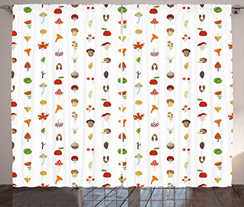 ABAKUHAUS Forest Curtains, Pattern of Maple Seed Apple Tree Branches Mushrooms Acorn Chestnut Autumn Leaves, Living Room Bedroom Window Drapes 2 Panel Set, 89 L X 110 W, Multicolor