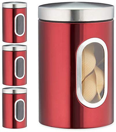 Relaxdays 4 x Vorratsdose, 1,4 L, mit Deckel und Sichtfenster, für Kaffee, Mehl, Pasta, Aufbewahrungsdose Küche, Metall, rot
