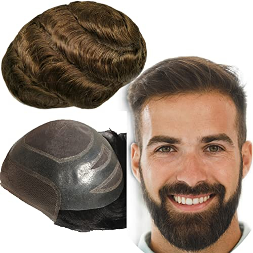 Echthaar Toupet für Männer,Yanahair Gewelltes Haar dünne französische Spitze gebleicht Knoten natürlichen Haaransatz Poly Haut Perücken Haut Haarsystem Europäische Perücke Mann(10x8,#4 hellbraun)