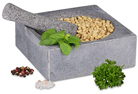 Relaxdays Mortaio e Pestello in Granito, HLP 6, 5x18,5 cm, Macina Spezie, Pesto di Basilico, Cocktail Mojito, Grigio, 6.5 x 18.5 x 18.5 cm