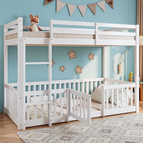 Merax 200x90cm Lits superposés avec escalier à Angle Droit, lit avec clôtures et Portes, lit Enfant avec barrière Anti-Chute et Grillage, Bois Massif (Blanc)
