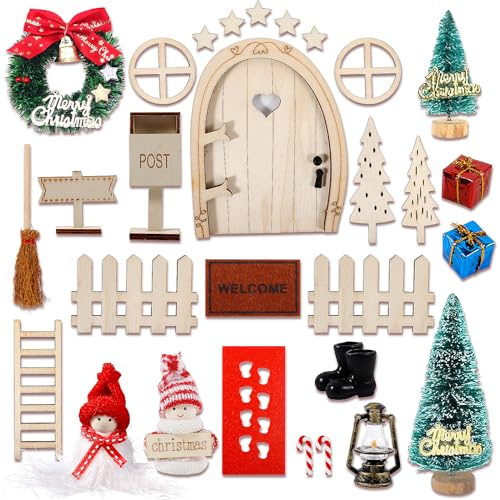 DONGQI Kit Porte Lutin de Noël, 30 Pièces Miniature Lutin Farceur de Noel Accessoires avec Bottes, Couronne, Echelle, Portes en Bois, Fenêtres Kit de Noël pour