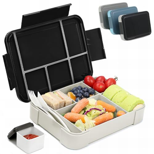 Bugucat Bento Lunch Box 1330ML With 6 Compartments - Leak Proof Kids Lunchbox for School, Kindergarten - Cutlery Included - Black