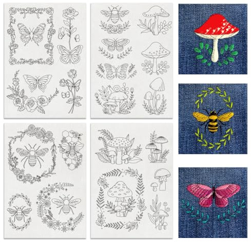 BENECREAT 4Sheets 20Pcs Wreath Bee and Mushroom Water Soluble Embroidery, 29.7x21cm Stick and Stitch Embroidery Paper Stabilizer Water Soluble Hand Sewing for Shirts, Coats, Bags